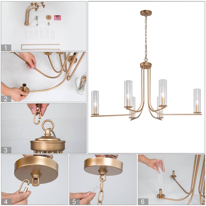 Mid-century Modern Gold 6-Light 36inch Wide Candle Glass Chandelier for Dining Room