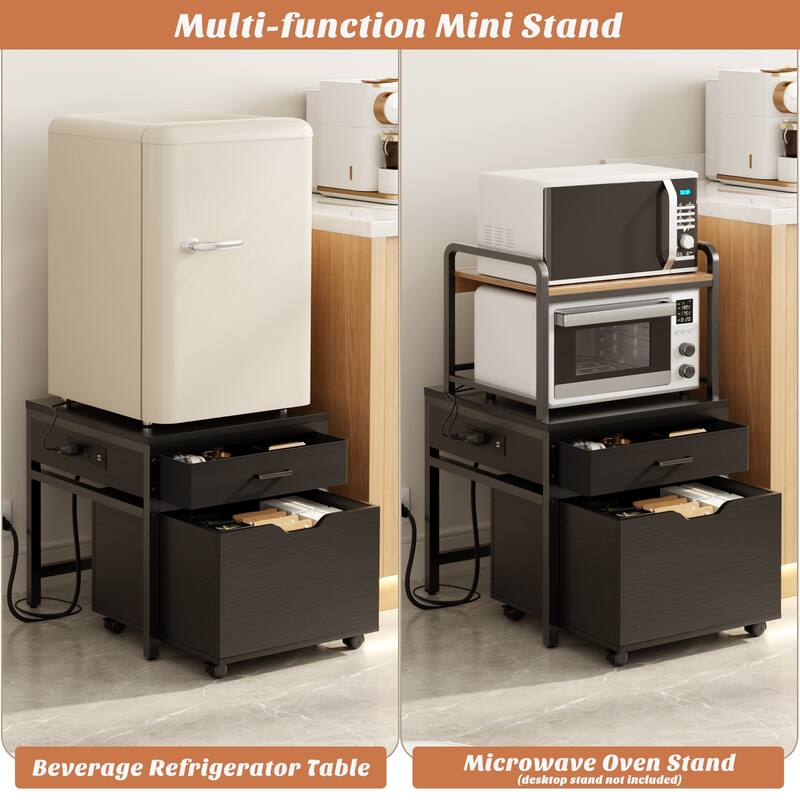 Mini Fridge Stand with Charge Station, Side/ End Table with Storage Drawers and Rolling Cabinet