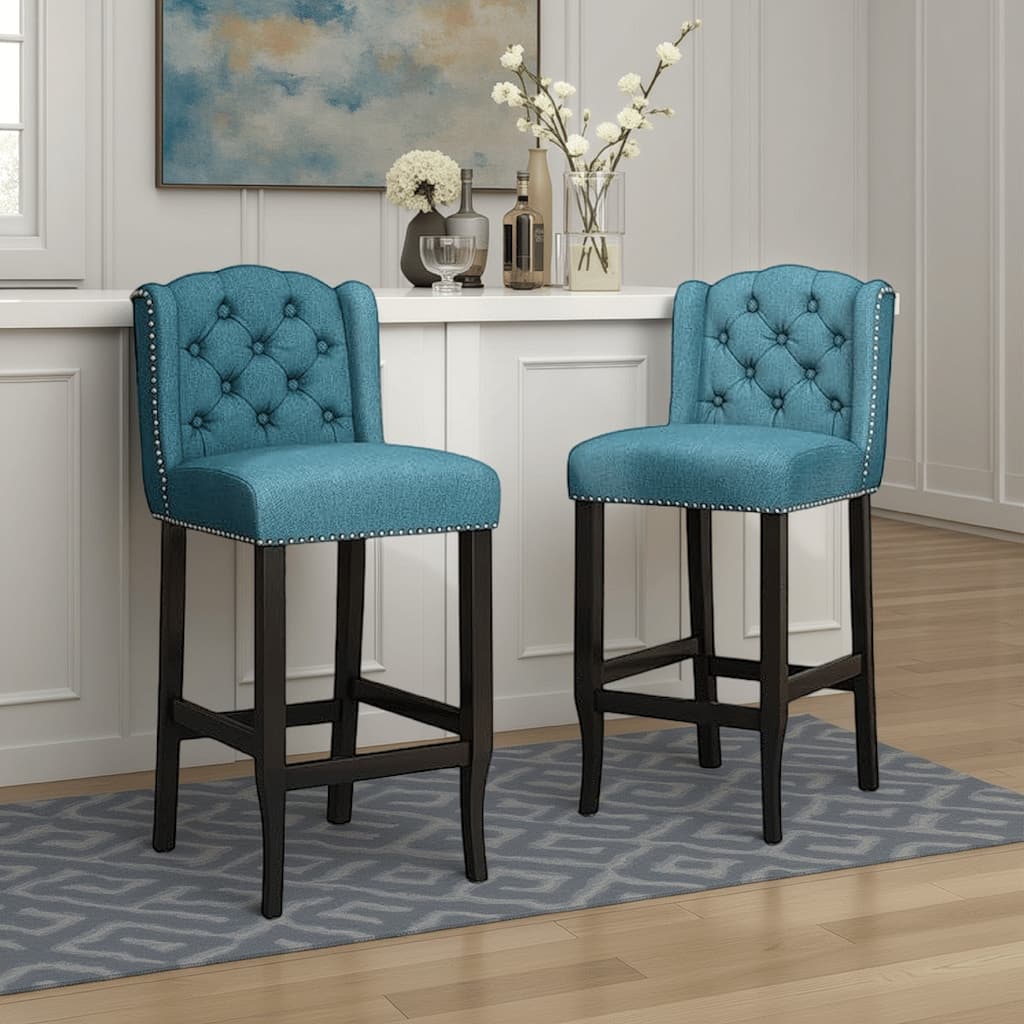 Seliva Barstool Chair Set of 2, Teal Fabric, Tufted Back, Brown Rubberwood