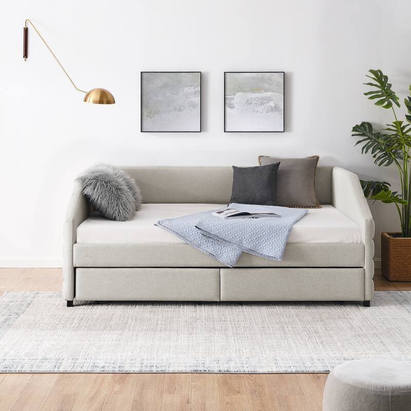 Twin/Full/Queen Size Upholstered Daybed with 2 Drawers, Linen Fabric Upholstered Sofa Bed, Wheeled Storage Daybed w/ Wood Frame