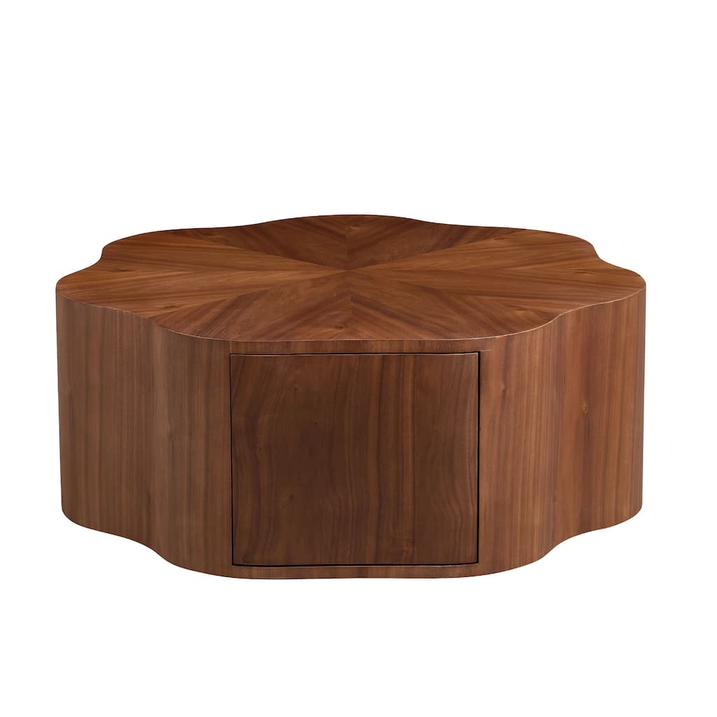 Modern Petal Shaped Coffee Table Stylish Round Coffee Table with Hidden Drawers, for Living Room, Walnut Color