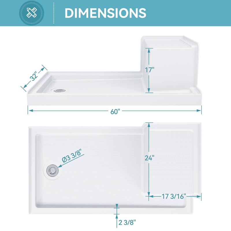 HOROW 60 x 32 Inch Alcove Shower Pan Base in White with Built In Seat - Left Drain Location