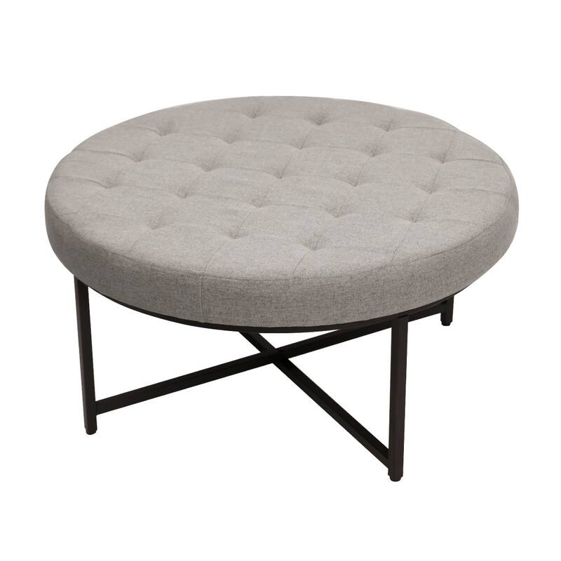 Round Cotton Linen Tufted Ottoman with Metal Frame