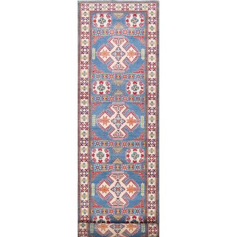 Geometric Blue Kazak Oriental Runner Rug Wool Handmade Hallway Carpet - 3'4" x 19'5"