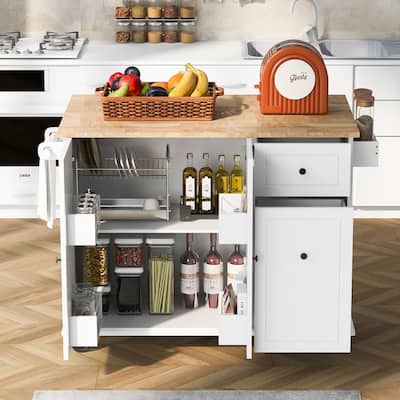 Kitchen Island with Drop Leaf, 53.9" Rolling Kitchen Cart on Wheels w/ Internal Storage Rack & 3 Tier Pull Out Cabinet Organizer