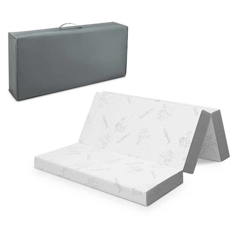 4-Inch White Grey Tri-Fold Design Memory Foam Mattress with Cooling Gel for Home or Travel