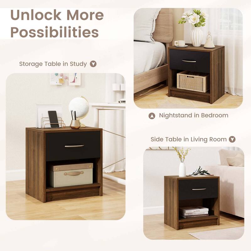 Costway Modern Nightstand Bedside Table with Drawer Open Storage Shelf