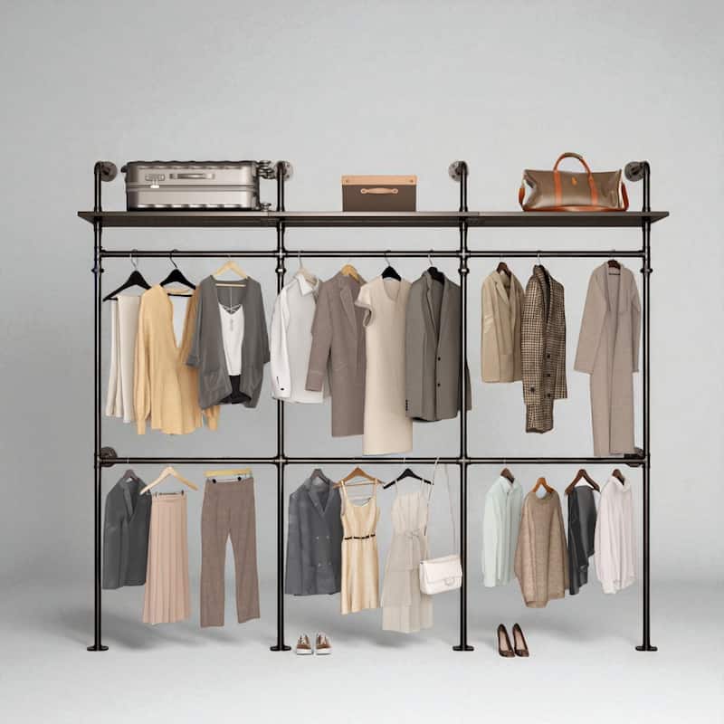 Industrial Pipe Clothing Rack with LED Lights, 118.3" Heavy Duty Wall-Mounted Closet Organizer with Shelves and 6 Hanging Rods - Black