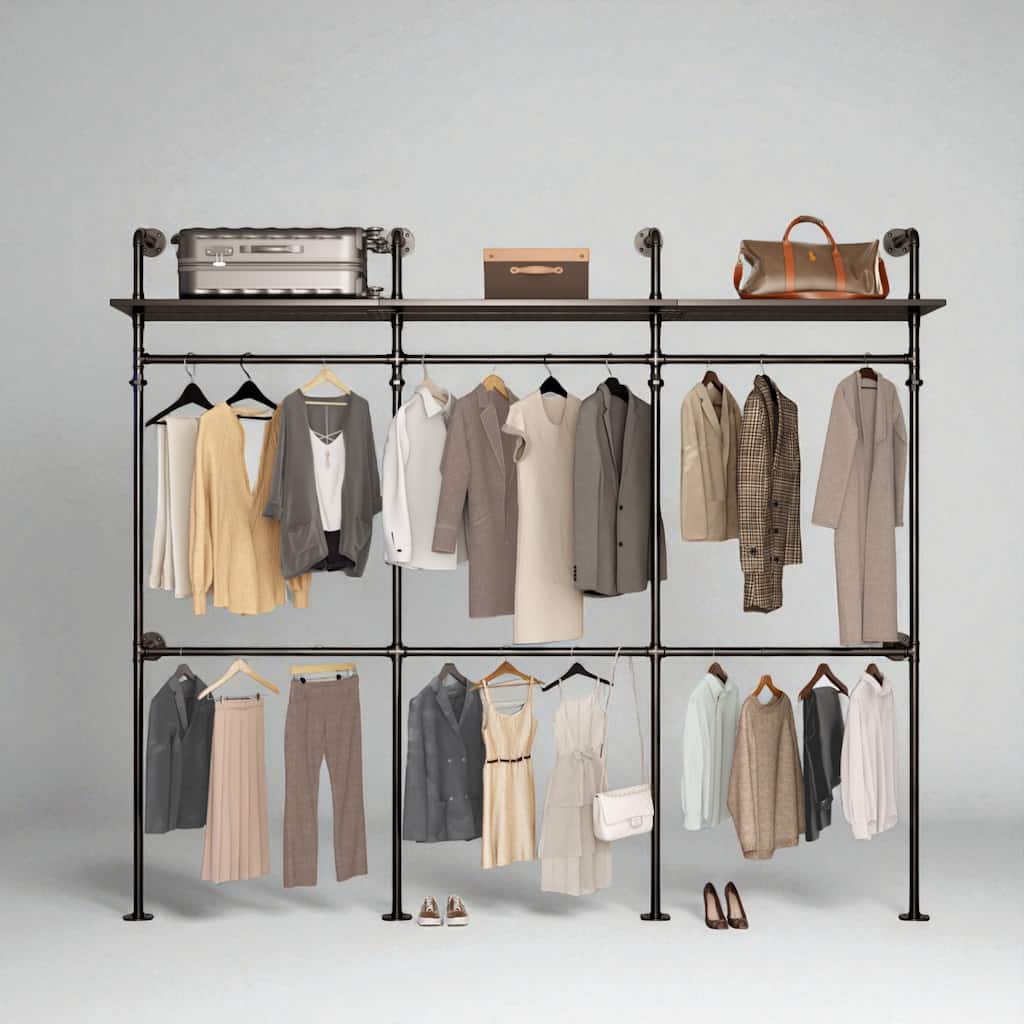 Industrial Pipe Clothing Rack with LED Lights, 118.3" Heavy Duty Wall-Mounted Closet Organizer with Shelves and 6 Hanging Rods