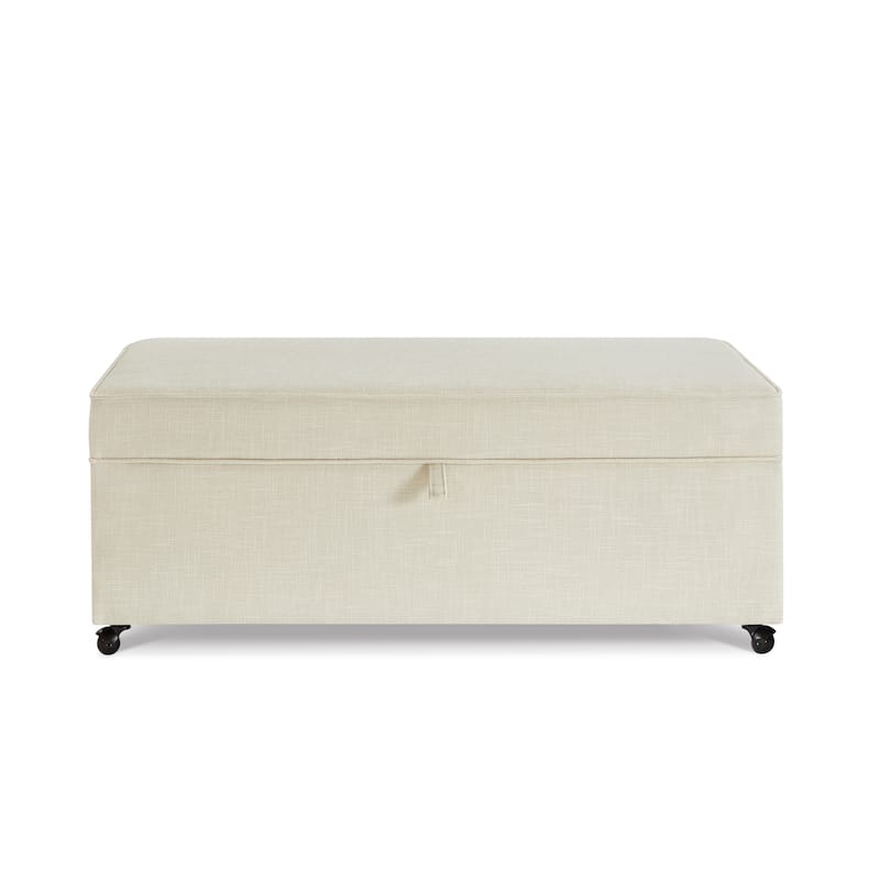 45" Sofa Ottoman with Storage, Linen Upholstered Bench with Rotation Casters and Safety Hinge for Living Room