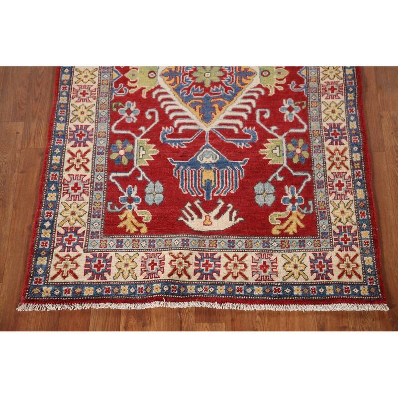 Geometric Red Kazak Oriental Rug Handmade Traditional Wool Carpet - 3'4"x 5'3"
