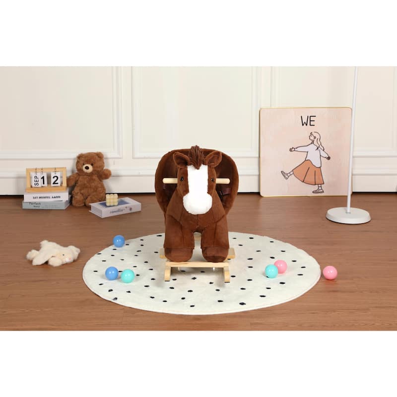 Kids Ride-On Rocking Horse Toy with Lullaby Song, Rocking Toy with Hand Puppets & Safety Belt