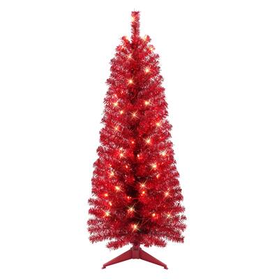 4.5 ft Pre-lit Red Tinsel Tree, 160 Tips, 70 UL Clear Incandescent Lights