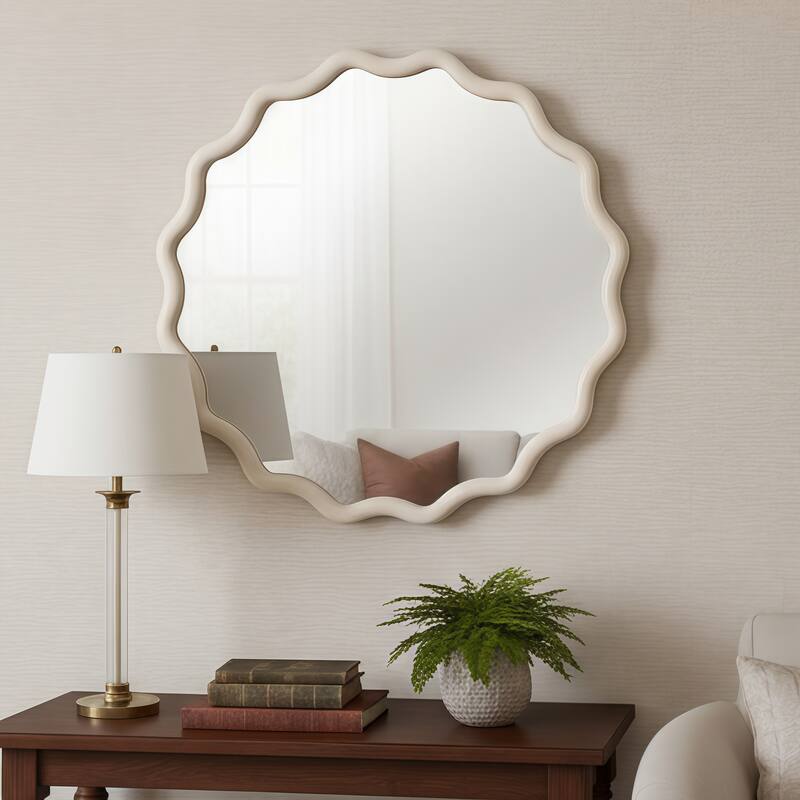 GDFStudio - Linea Luxury Modern Wavy Round Wall Decorative Mirror with Solid Wood Frame & Organic Flow Design - White - 36" x 36"