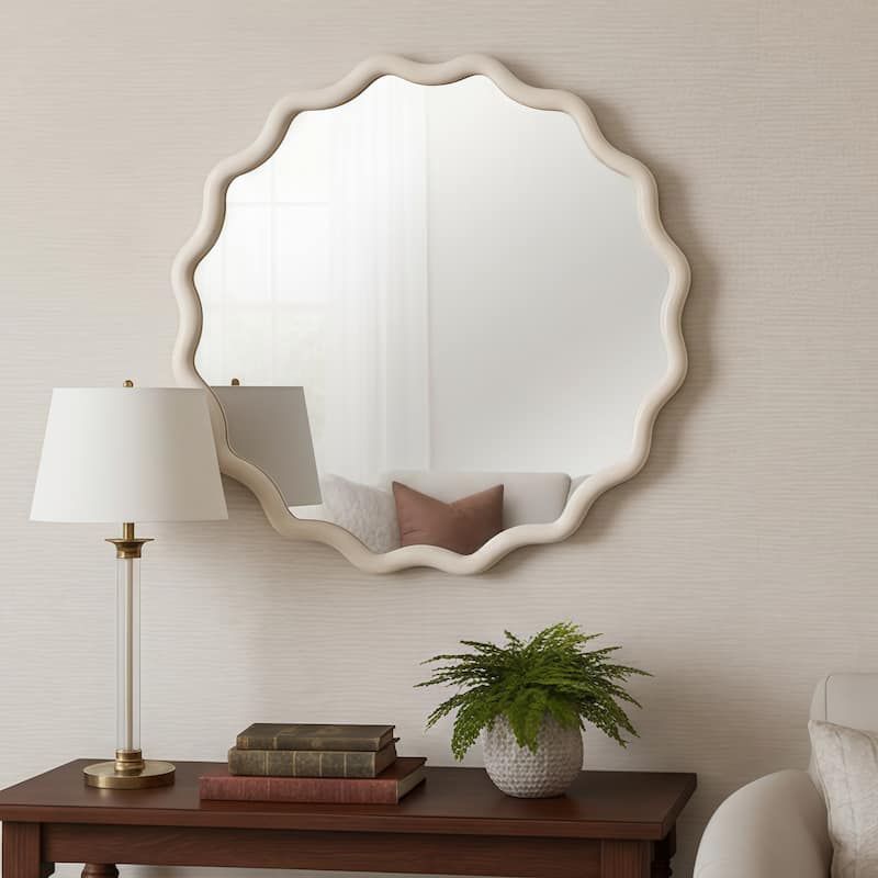 Wavy Round Solid Wood Frame Decorative Mirror - White