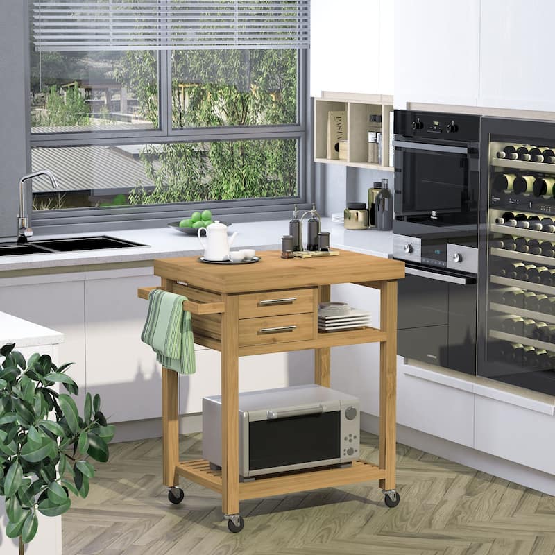 Bamboo Kitchen Island Cart on Wheels, Utility Trolley Cart with 2 Storage Drawers and Open Shelves