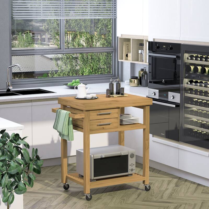 Bamboo Kitchen Island cart on Wheels, Utility Trolley cart with 2 Storage Drawers and Open Shelves, Bamboo Tone