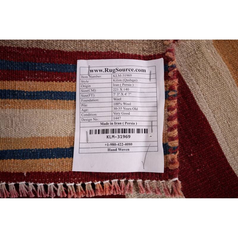 Kilim Qashqai Reversible Persian Vintage Rug Flatweave Wool Carpet - 4'7" X 7'3"