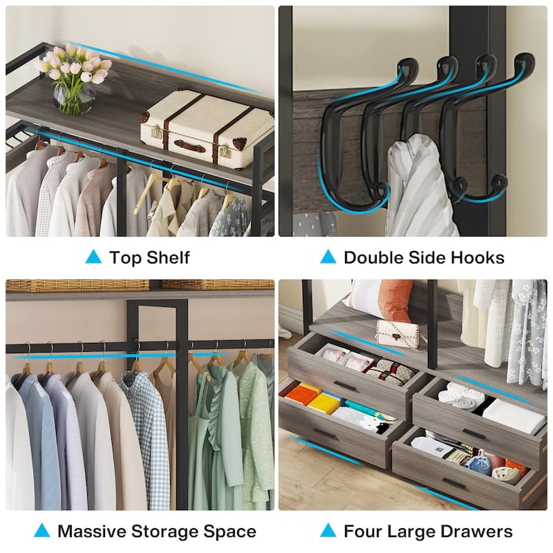 Freestanding Closet Organizer, Clothing Rack with 4 Drawers, 8 Hooks and Storage Shelves - Grey