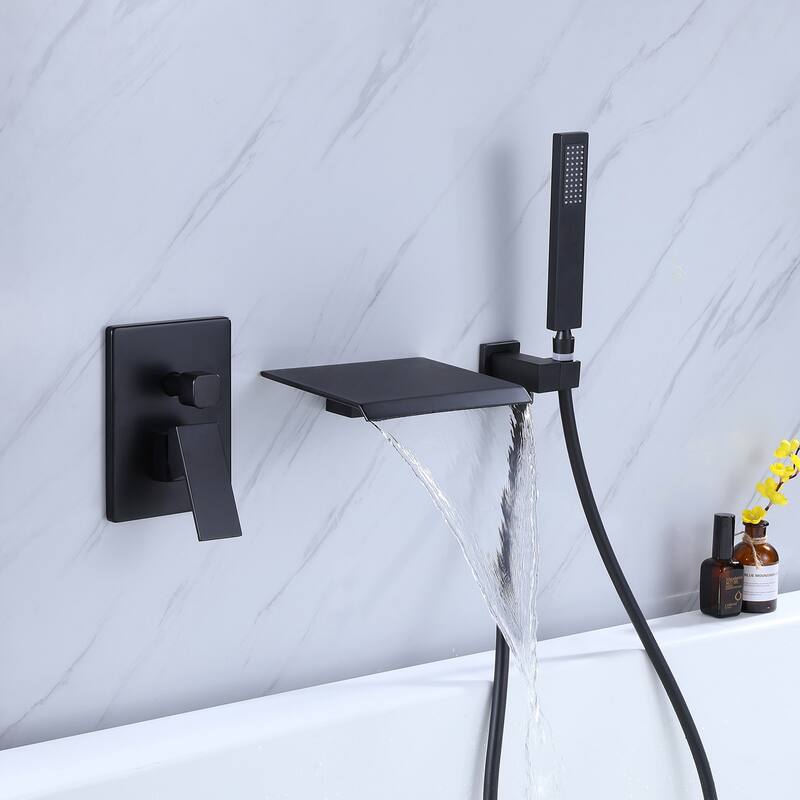 Matte Black Double Handles Waterfall Tub Faucet With Hand Shower