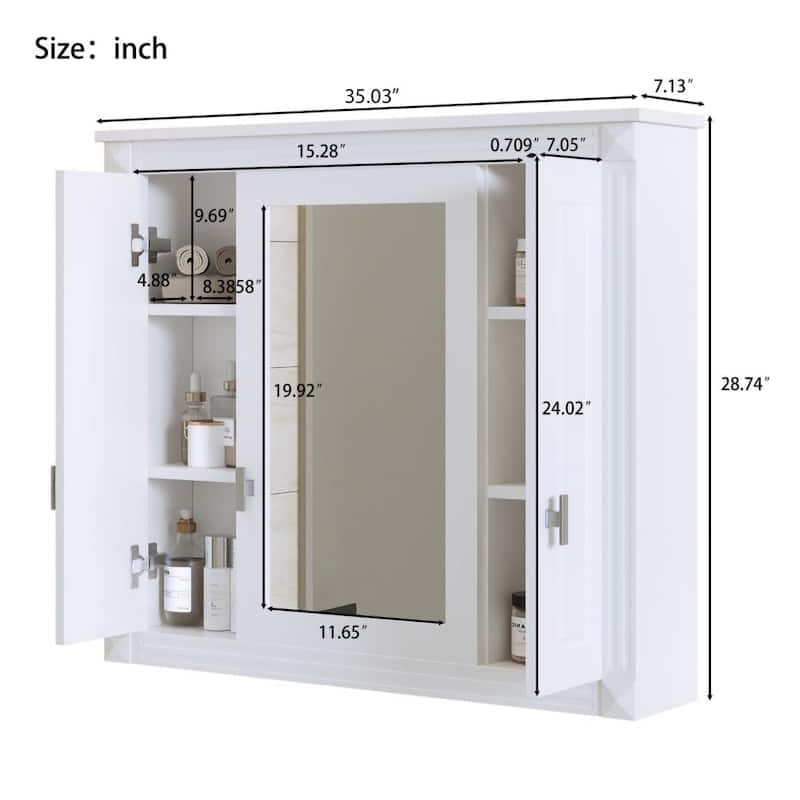 35" Bathroom Wall Cabinet with Mirror, 3 Doors and Adjustable Shelves for Over Toilet Storage