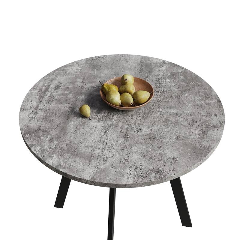 Modern Round Dining Table with Gray Cement Texture, Coffee Table with Triangular Iron Legs, Anti-Slip Feet