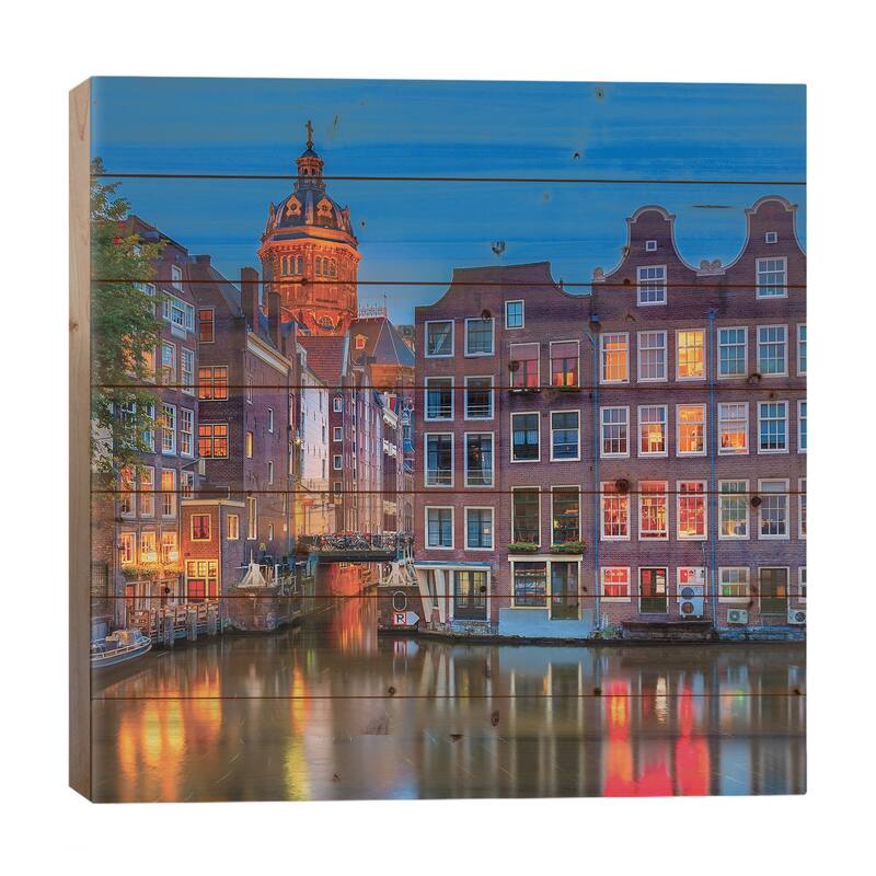 Amsterdam At Night Print On Wood by Paul Rommer - Multi-Color - 26x26x1.5