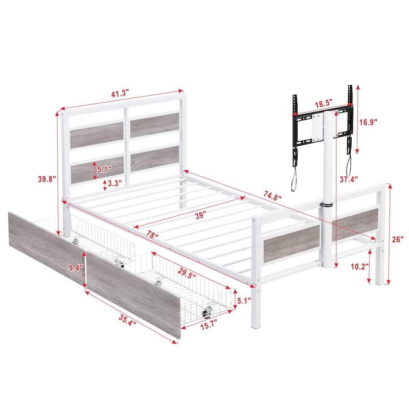 Twin Size Metal Platform Bed with Drawers and Rotatable TV Stand
