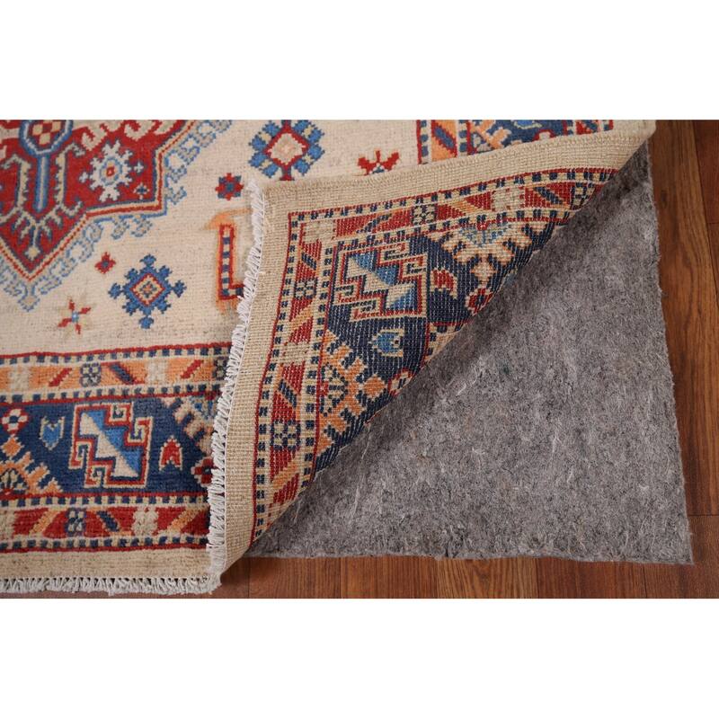 Geometric Beige / Ivory Kazak Accent Rug Hand-Knotted Wool Carpet - 4'0" x 6'1"