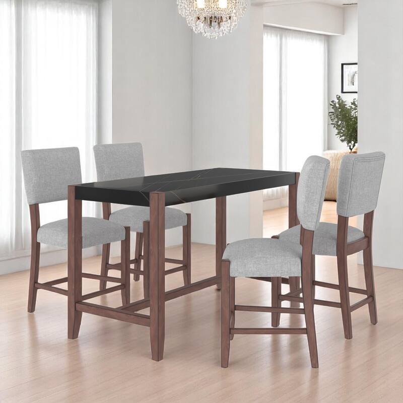 5-Piece Counter Height Dining Table Set with Faux Marble Top, Table and 4 Upholstered Chairs for Kitchen or Dining Room - Black+ Gray