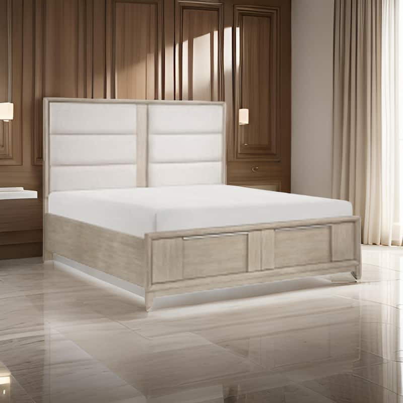 Owen Queen Platform Bed, Storage Drawers, Upholstery, Light Beige Wood