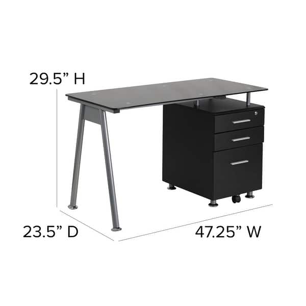 Computer Desk With Tempered Glass Top And Three Drawer Pedestal On Sale Overstock 27066866