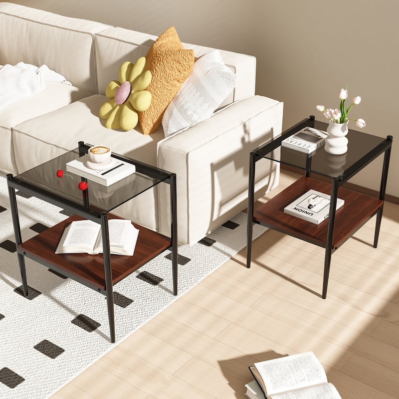3-Piece Set, Modern Coffee Table Tempered Glass Coffee Table with 2-Tier Storage Shelves, for Living Room