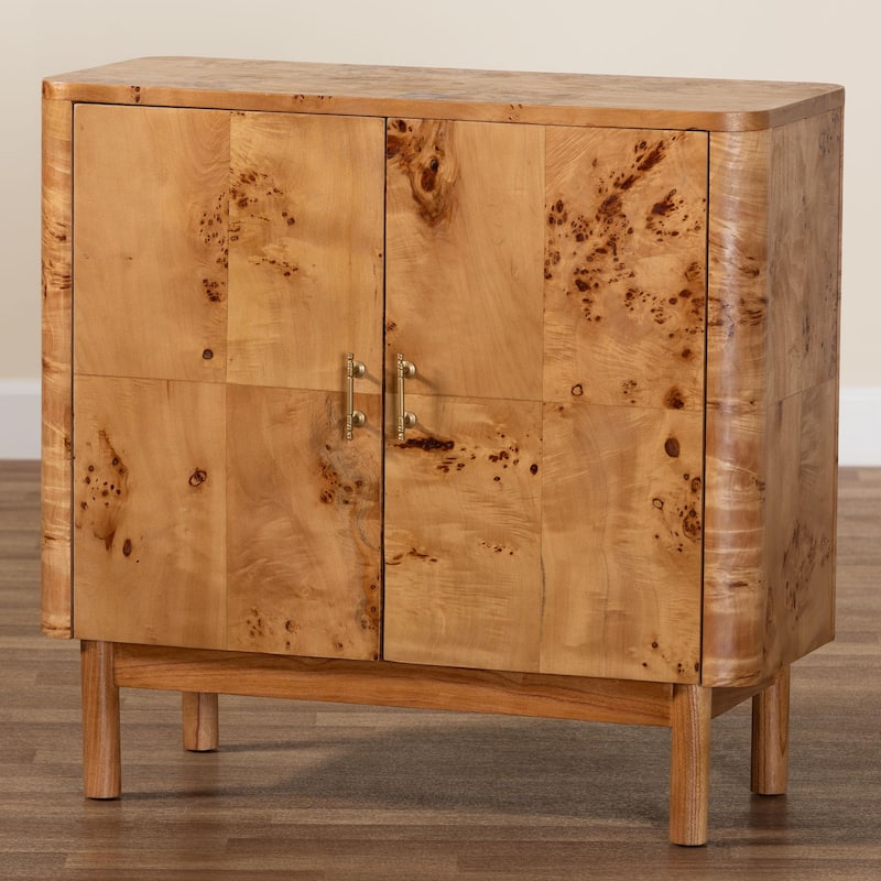 Latika Real Burl Wood Storage Cabinet in Dark Walnut Brown - Modern Accent Cupboard with Double Doors and Brass Handles