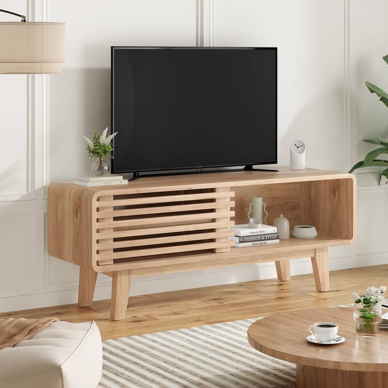TV Stand for TV Up to 59 Inch, Entertainment Center with Storage Cabinet and Sliding Door, Mid-Modern Century Console Table