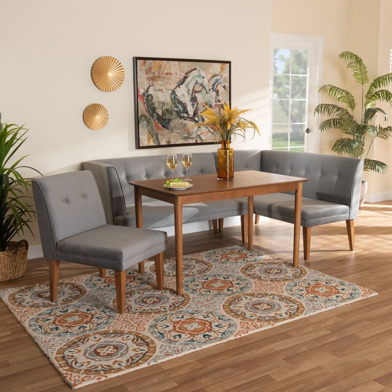 Stewart Mid-Century Grey Velvet Upholstered Wood Dining Nook Set