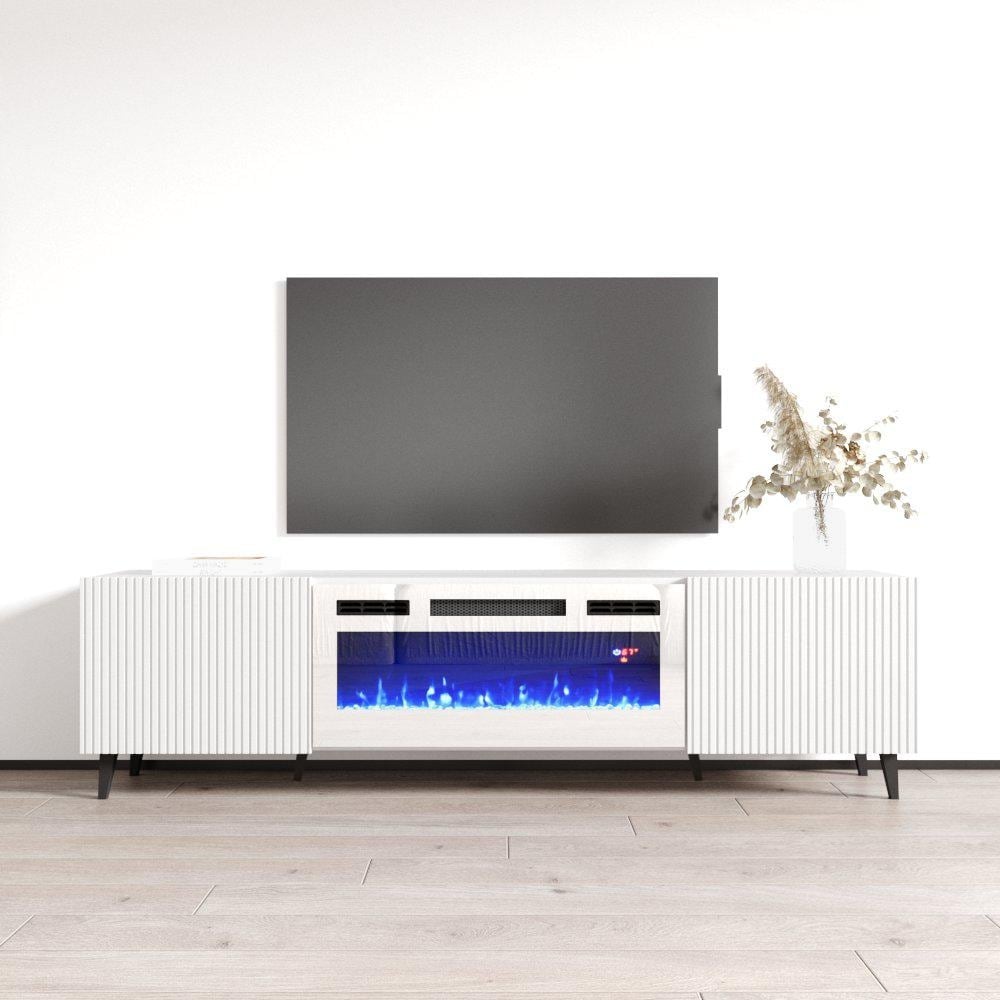 Meble Furniture Pafos WH-EF Electric Fireplace TV Stand with 31.5" Insert, 3 Flame Colors & Remote, Fits 80" TVs
