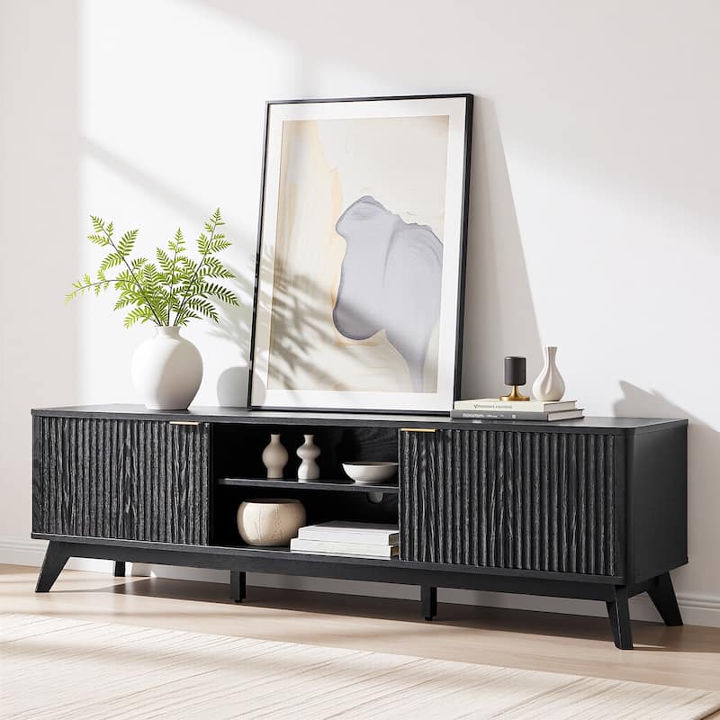 70" Modern Fluted TV Stand for Living Room, Wood Entertainment Center - Black Oak