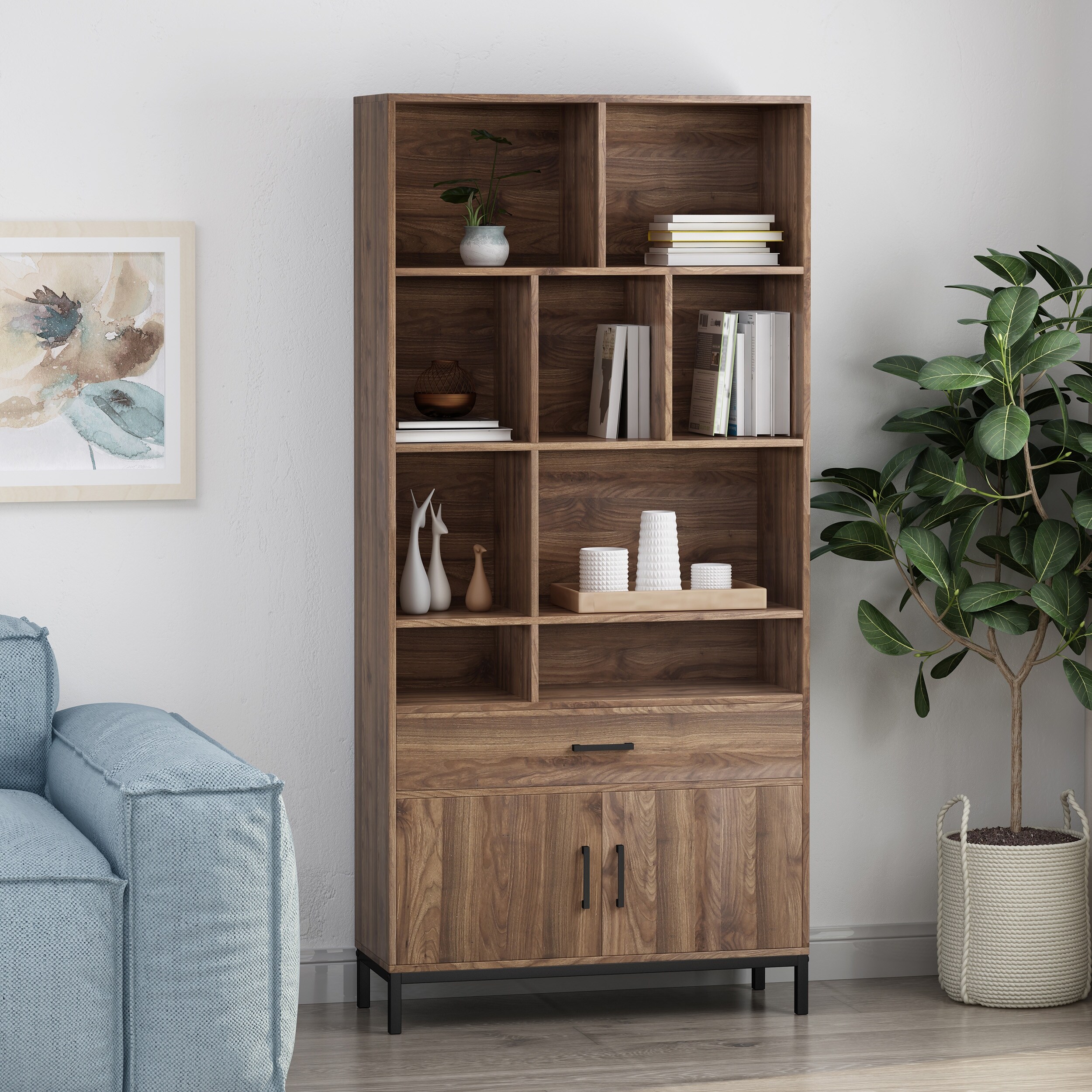 Bookshelf Storage Cabinet With Shelves,Drawer and 2 Cabinets - Bed