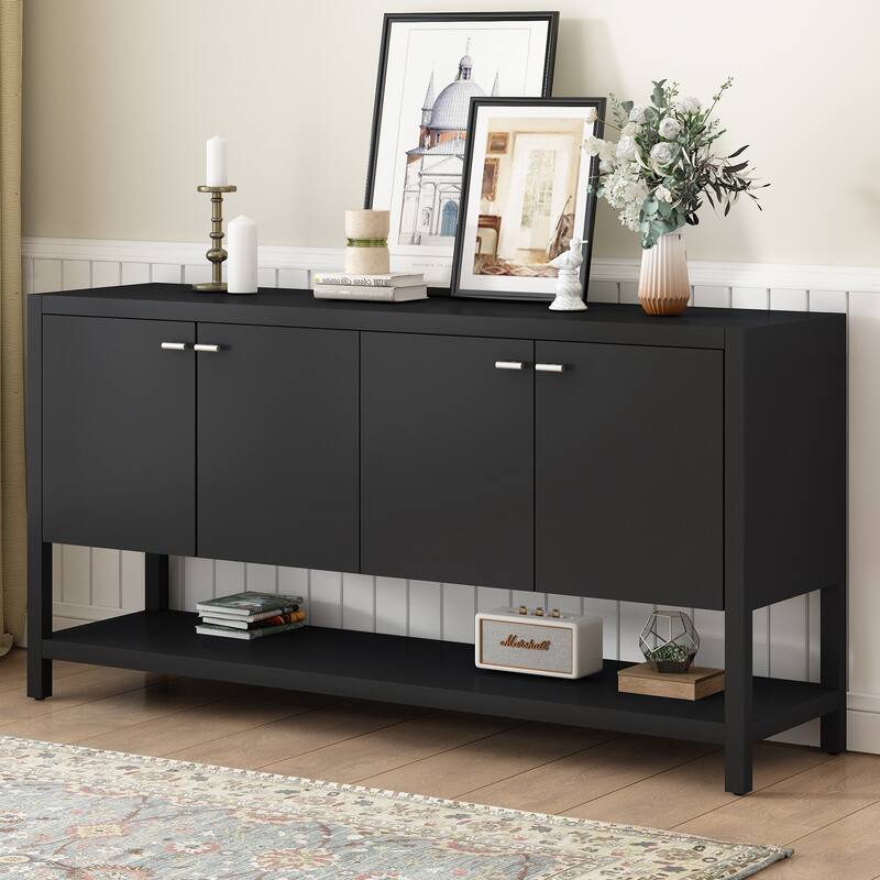 2-Tier Console Sofa Table Accent Table with 4 Doors and Open Storage Shelf Modern Hallway Tables for Living Room - Black