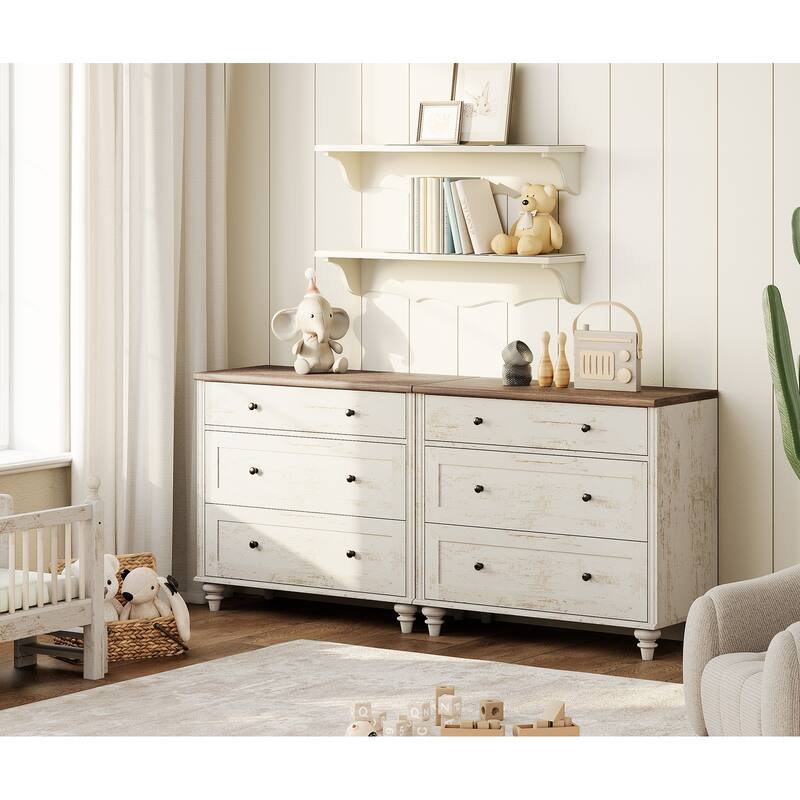 WAMPAT 3 Drawer Dresser ,Wood Storage Dresser for Bedroom - rustic white - 6-drawer