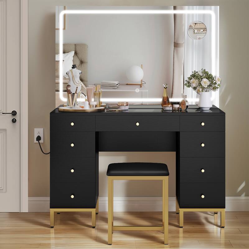 Moasis 9-Drawer Makeup Vanity Set with Stool and Mirror, Glass Top Vanity Desk with LED Lights
