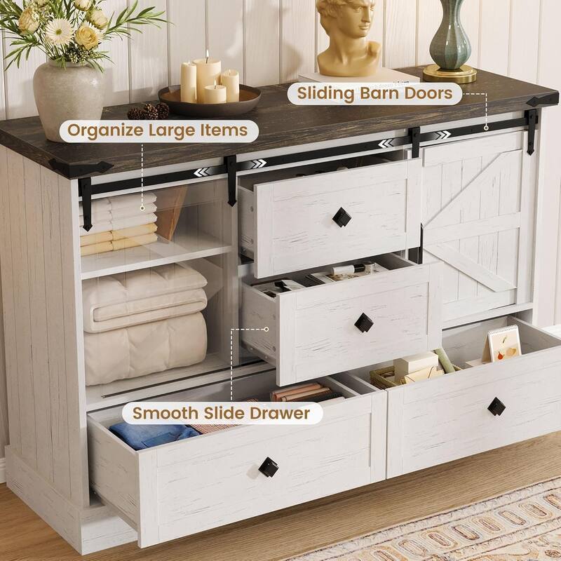 Farmhouse 4 Drawer Dresser for Bedroom 45" Wood Dressers with Sliding Barn Doors TV Stand