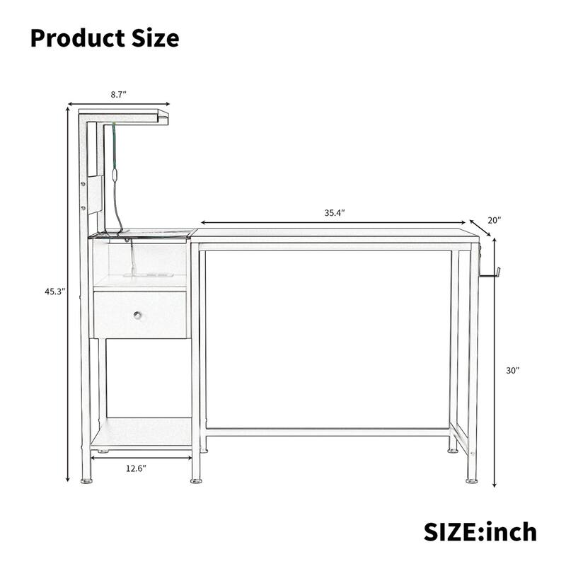 Computer Desk With Power Outlet And Reversible Storage Shelves, Study Writing Table With 2 Sockets And 2 USB Ports