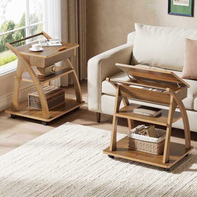3-Tier Rolling Side Table, Adjustable Tabletop End Table with 1 Drawer, TV Tray for Small Spaces, Living Room