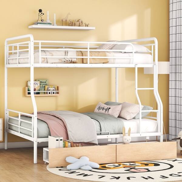 slide 2 of 14, Contemporary & Simple Full XL over Queen Metal Bunk Bed with 2 Drawers & Guardrails, Save Space or Split Into 2 Beds, White White