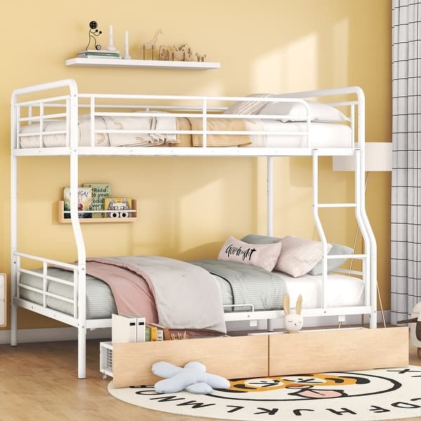 slide 2 of 26, Full XL Over Queen Metal Bunk Bed with 2 Drawers, Bunk Bed Frame with Safety Guardrails, Can Be Divided into 2 Individual Beds White - Queen