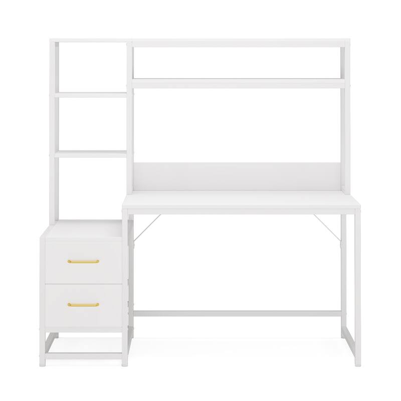 55" White Computer Desk with Hutch, 2 Drawers & Open Shelves