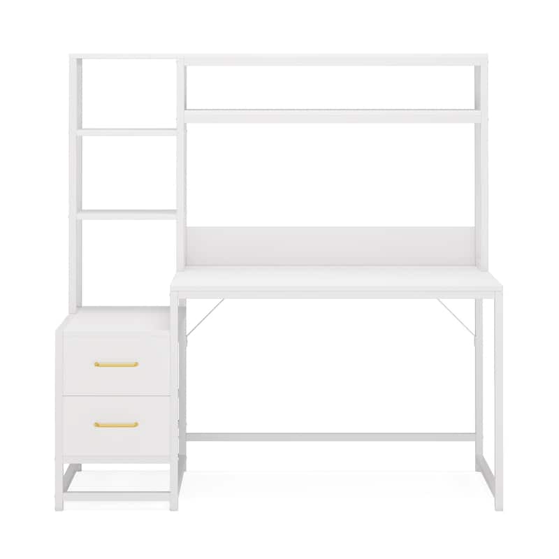 55 Inches Computer Desk with Hutch,2 Drawers & Open Shelves-Modern Home Office Desk with Storage,Writing & Gaming Workstation