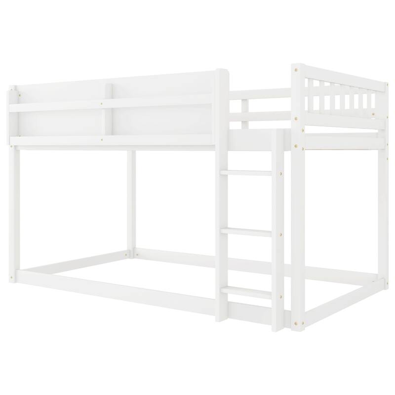 Roomfitters Twin Over Twin Bunk Bed, Low Floor Loft Platform Bed and Shelf with Wooden Frame for Bedroom